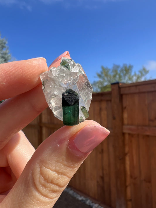 Mini quartz and teal tourmaline specimen