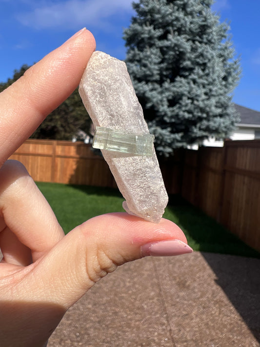 Frosted quartz point and teal tourmaline specimen