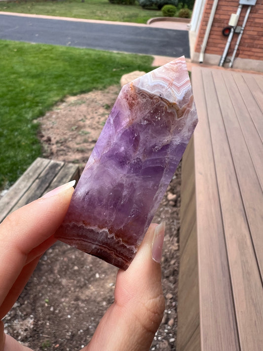 Crazy lace agate and amethyst tower