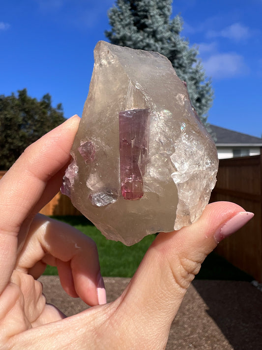 Large natural citrine and pink tourmaline specimen